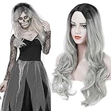 PORSMEER Long Grey Wig Natural Looking Wavy Wigs for Women, Cosplay Synthetic Hair Wig Middle Part Ladies Wigs
