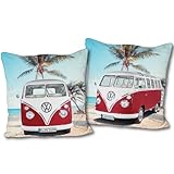 VW Volkswagen T1 Reversible Cushion - Red 40 x 40 cm Bulli Cushion with 2 Designs, Camper Van Cushion Cover, Ideal for Sofa and Bed, Home Accessories, Decorative Cushion, Camping, Matches VW Bulli