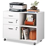DEVAISE 3 Drawer Mobile File Cabinet,Wood Lockable Drawers Printer Stand with Open Storage Shelf fits A4 or Letter Size for Home Office, White