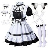 Wannsee Anime French Maid Apron Lolita Fancy Dress Cosplay Costume Furry Cat Ear Gloves Socks Set(2XL) Black-White
