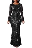 VERWIN Women's Sequins Bodycon Sparkly Mermaid Maxi Dress - Round Neck, Long Sleeve, Casual Party Cocktail Dress - XL Black