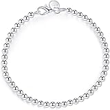 Ladies Silver Bracelet,Charm Lady 925 Sterling Silver Retro Bracelet Fashion 4Mm Round Bead Jewelry Personality Silver Bracelet Elegant Atmosphere Comfortable Simple Casual Christmas Engagement Bir