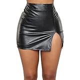 Pelisy Women Sexy Split Mini PU Leather Skirt High Waist Zipper Casual Skinny Faux Leather Skirts Black