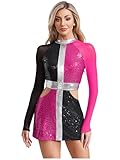 Agoky Women Swinging 1960s Party Dress Costume Shiny Sequins Hollow Out Contrast Mini Dress Dancewear Hot Pink M