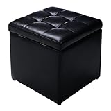 COSTWAY Linen Fabric/Faux Leather Ottoman, Pouffe Storage Toy Box with Hinge Top | Padded Foot Stool, Cube Bench Seater for Living Room, Bedroom & Office, 150Kg Capacity (Faux Leather, Black)