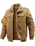 Niwicee Winter Jackets for Men Fleece Lined Cargo Jackets Thick Warm Military Cotton Coat Lapel Collar with Multi Pocket Thermal Trucker Jackets Windbreaker Casual Outwear Coat(Khaki,L)