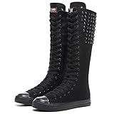 Momuk Punk Style Long Rivet Canvas Boots Knee High Casual Fashion Skirt Dress Shoes for Women & Girls Black