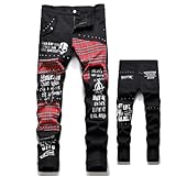 Men's Scotland Plaid Patchwork Jeans Punk Rivet Patch Denim Pants Trendy Skull Letters Printed Slim Straight Trousers,Black Red,36