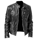 Men's Leather Biker Jacket - Vintage Leather Jacket Men Motorcycle - Stand Collar Distressed Leather Bomber Jacket Men(Black,Large)