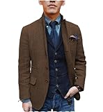 Tiavllya Mens Herringbone Tweed Suit Blazer Jacket Vintage Stand Collar Single Breasted Wool Coat （48, Brown）