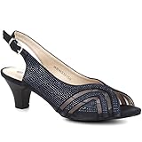 Pavers Womens Slingback Heels in Navy - Embellished Diamante Detail - Wider Fit D/E - Easy Buckle Fastening - Ideal for Formal - Size UK 6 / EU 39