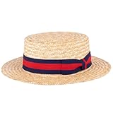 ZAKIRA Classic Boater Hat - Handmade from Natural Straw (Navy-Red-Navy Band, L)