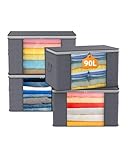 KALAHOL 90L Large Capacity Clothes Storage Bags with Zips, Storage Boxes with Lids, Reinforced Handle, Foldable, Thick Fabric, for Comforters, Clothes, Blankets, Bedding, 4 Pack, Dark Grey