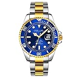 Charles William Mens Homage Quartz Watch Blue Two Tone Gold and Silver Magnified Date Display Stainless Steel Strap Watches for Men