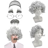 SAIIURV 5 Pcs Old Man Costume Set, Grey Wig with Beard Glasses Hair Net for Wigs, Mens Wig Scientist Professor Grandpa Costume for Cosplay Party Halloween Carnival (Gray)