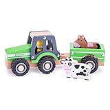 New Classic Toys - Houten speelgoed - Houten tractor met aanhanger, Green