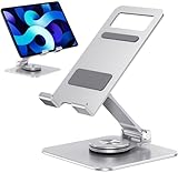 pjp electronics Tablet Stand, Aluminum Adjustable Swivel Desktop Holder with 360 Degree Rotating Base, Foldable Cradle Compatible with iPad/iPad Pro/Air, iPhone, Galaxy Tab, Switch, Phones (Silver)