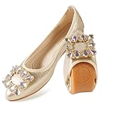 MACHSWON Women's Ballet Flats Sparkly Buckle Rhinestone Wedding Ballerina Shoes Foldable Portable Comfort Slip on Flat Walking Shoes(Gold-1, Size 5.5)