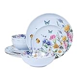 Lechoo 12 Piece Melamine Dinnerware Sets - Plates And Bowls Sets Floral Dinnerware Sets- Spring Camping Dishs Indoor Outdoor Use,Flowers And Butterflies Pattern