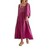 Barbotimer Women's Flower Embroidered Maxi Dress Lantern Sleeve Square Neck Tiered Flowy Spring Fall Dress (as8, Alpha, l, Regular, Regular, Rose Purple)