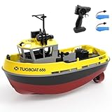 Remote Control Boat 2.4 Ghz Waterproof 1:72 Remote Control Tugboat for Adults and Children RC Boat for Kids Two Rechargeable Batteries 40 Minutes of Play Summer Outdoor Aquatic Toy Gift (Yellow)