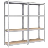 SONGMICS 4-Tier Shelving Units, Set of 2 Steel Shelving Unit for Storage, Boltless Assembly, for Garage, Shed, Load Capacity 520 kg Each, 40 x 80 x 160 cm, Silver GLR044E02