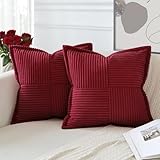 Artscope Corduroy Cushion Covers Pack of 2 Modern Patchwork Throw Pillow Covers Soft Pillowcase Broadside Decorative Textured Cushions for Home decor Sofa Bedroom Couch Wine Red 45x45cm