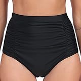 Joweechy Womens High Waisted Bikini Bottoms Tummy Control Swim Briefs Solid Ruched Swim Shorts Swimwear XXL,Black