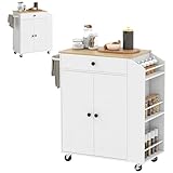 HOMCOM Kitchen Island on Wheels with Drawer, Rolling Kitchen Storage Trolley with 3-Tier Spice Rack, Towel Rack and Adjustable Shelf, White