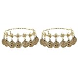 2Pcs Vintage Engraved Coin Statement Bracelet Anklet Bohemian Tribal Ethnic Tassel Barefoot Sandals Adjustable Retro Boho Gypsy Fashion Summer Beach Carnival Belly Dance Foot Chain Jewellery (Gold)