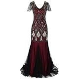 Women Vintage 1920s Gatsby Flapper Evening Party Dress V Neck Art Deco Sequins Mermaid Hem Cocktail Formal Long Maxi Gown, Burgendry + Gold, XXL