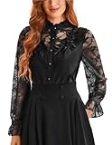 SCARLET DARKNESS Medieval Lace Shirt Women Stand Collar Long Sleeves with Ruffled Victorian Blouse L Black