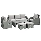 Outsunny Rattan Garden Sofa Set With 3 Seater Sofa, 2 Reclining Single Sofa, Coffee Table, Footstool, Space-saving Outdoor Patio Wicker Furniture Set - Light Grey