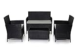 EVRE Black Rattan Garden Furniture Set Patio Conservatory Balcony Indoor Outdoor 4 Seater Piece Glass Top Coffee Table Modular Sofa Loveseat with Cushions