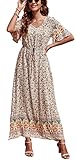 GRECERELLE Womens Summer Maxi Boho Beach Dress Floral Print Dress V Neck Short Sleeve Drawstring High Waist Flowy Long Midi Dresses (Michaelmas Dais Beige, L)