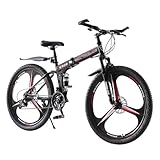 BSTSEL 24 26 27.5Inch Adult Folding Mountain Bike, Dual Suspension Mountain Bikes with 3-Spoke Wheel, 21 Speed Mens and Womens Foldable Mountain Bicycle (26 inch Black&Red)