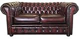 Chesterfield 2 Seater Sofa – Genuine Leather Antique Oxblood Red – Handcrafted UK Made Couch – Deep Buttoned Scroll Arms – Mahogany Wood Feet – Classic British Vintage Style