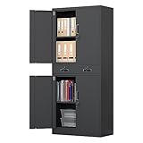 JINGUR Metal Storage Cupboard with Locking Doors and 2 Drawers, Lockable Steel Storage Cabinets with Adjustable Shelves for Home Office Garage Kitchen Pantry (Black)