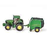 siku 1665, John Deere Tractor with Round Baler and 2 Bales, Metal,Plastic, Green, Moving parts
