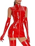 Womens Faux Leather Mini Dress Sexy Wet Look Bodycon Club Front Full Zip Up Sleeveless Lingerie One Piece Bodysuit Latex Shiny Metallic Outfits Slim Fit Costume Cosplay Catsuit Nightwear (Red, XL)