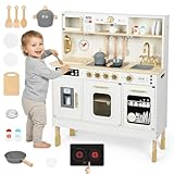 Mamabrum Wooden Play Kitchen, Children's Play Kitchens & Toddler Set, Playset for Kids 3+ with LED Lights, Interactive Toy with Microwave, Dishwasher, Coffee Machine, Oven, Sink & Accessories