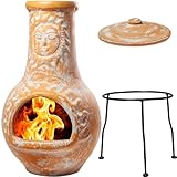 Wiosi Medium ???????? Outdoor Fireplace Clay Chimineas with Chimney Rain Lids and Solid Metal Stands - Yellow Terracotta Chimenea - Rustic Fire Pit Chimnea 16 x 16 x 32-inch
