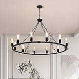 Eoodis Rustic Chandelier 12-Light Wagon Wheel Chandelier Black Chandeliers Ceiling Lights Height Adjustable for Dining Room Kitchen Living Room Bedroom(Dia 100cm)