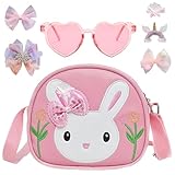 DAVBNM Girls Handbag, Adorable Rabbit Crossbody Bag, Cute Bunny Rabbit PU Leather Handbag, Girl Shoulder Bag with 5 Hair Clips for Preschool Kids Toddlers Baby Girls, Pink