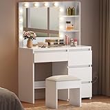 YITAHOME Dressing Table with Mirror and Stool, White Makeup Vanity Desk Dressing Table with Drawers, Open Shelves Morden Bedroom Dressing Tables with 12 LED Lights Adjustable Brightness
