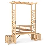 GiantexUK Garden Arch with Bench & Planter Boxes, 2-Seater Rose Trellis Pergola Pavilion Arbour with Back, Wooden Climbing Plants Support Archway for Patio Lawn Wedding Ceremony Party (Flat Roof)