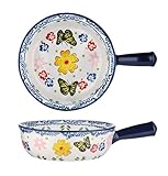 KKgud 1 Pack Hand-painted Ceramic Serving Bowl with Handle, 7.5 Inches Round Salad Bowl - Butterfly and Floral Pattern (Blue)