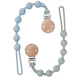 EYOGO Silicone Dummy Clip for Baby Boys and Girls, One Piece Pacifier Clips, Wooden Soother Clips Design, Fits Most Pacifiers and Teething Toys, 2 Pack (Sage+Ether)