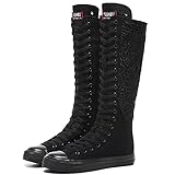 Momuk Fashion Girls Canvas Boots Knee High Sneakers Causal School Shoes Applicable for Both School Dresses or Casual Occasions for Women Size 11 B(M) US Black