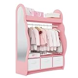 Hironpal Kid Dress Up Storage with Mirror Kids Wardrobe Dressing Up Rail Open Hanging Costume Armoire Closet Pretend Storage Organizer Children Clothes Center for Girl Bedroom (cloud,3 drawer,pink)
